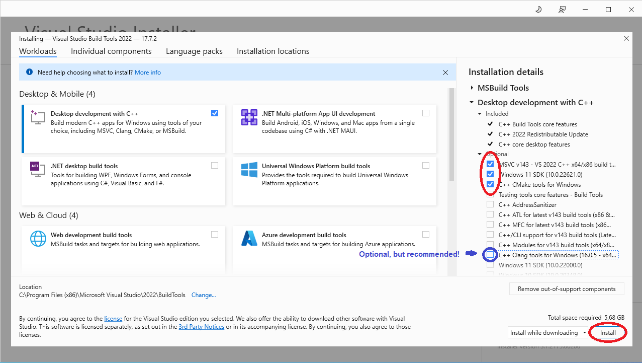 VS build tools installation options